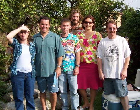 Some of my cousins, my sister, amd I
This picture is taken in Pasadena - October 2005.  From left to right - Anne, John, Mark, Wes, Dunnel, and Kirk.
Keywords: Anne John Mark Wes Dunnel Kirk cousins wedding